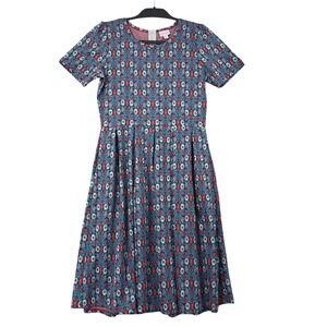 LuLaRoe Amelia Dress Womens Large Red Teal Floral Fit Flare Short Sleeve